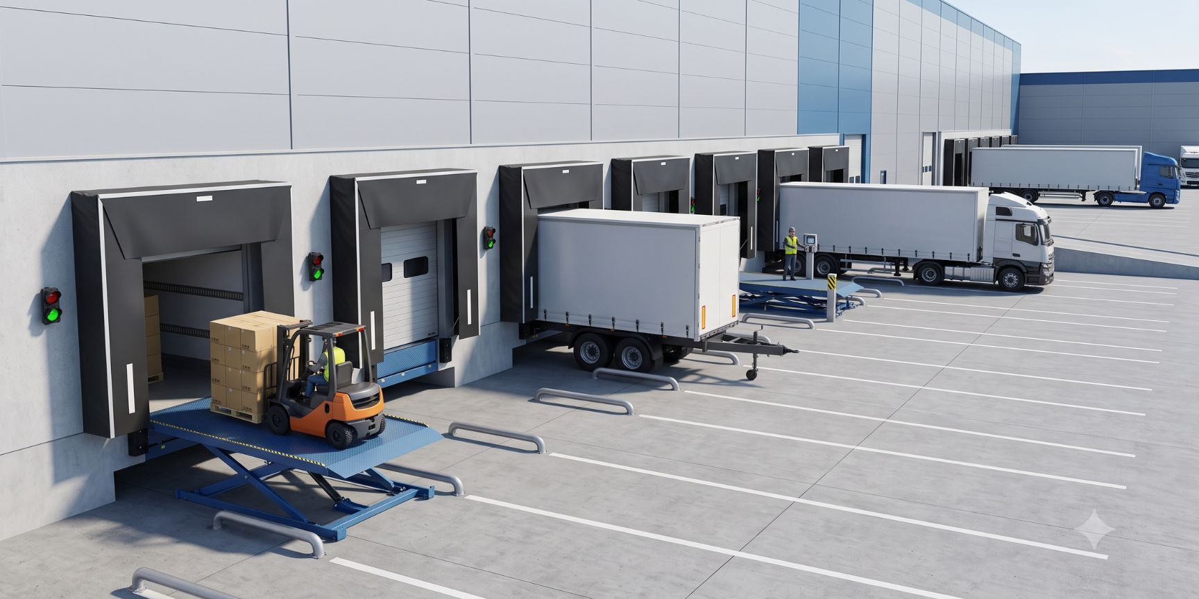 Eine Reihe moderner Ladedocks an einer Logistikhalle. Mehrere Lkw sind angedockt, während Gabelstapler effizient Paletten verladen. Klare Hofplanung, Einweishilfen und Überladebrücken sichtbar.